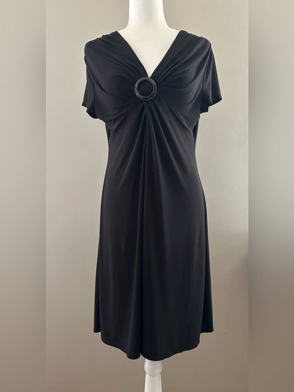 Vintage SL Fashions Black V-Neck Draped Dress with Ring Detail 16P